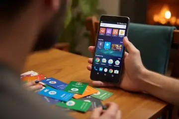 Osoba trzyma smartfon z widocznym sklepem Google Play, obok leżą karty podarunkowe. Dowiedz się, jak doładować saldo Google Play.