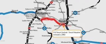 Mapa drogowa z zaznaczonymi trasami S5 i S10 między Bydgoszczą a Toruniem, z widocznymi mniejszymi miejscowościami.