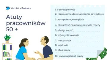 Kornblit & Partners: atuty pracowników 50+ dla rekrutacji. Lista zawiera m.in. samodzielność, doświadczenie, motywację i etos pracy.