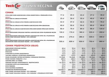 Cennik myjni ręcznej Techcar. Oferta obejmuje mycie, wosk, polerowanie i kompleksowe sprzątanie wnętrza. Sprawdź ceny usług.