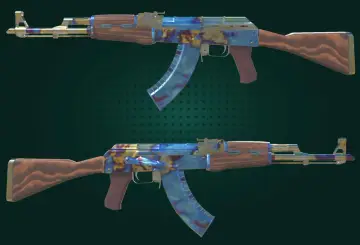 Dwa karabiny AK-47 z unikalnym wzorem "case hardened blue gem", drewniane kolby i magazynki.