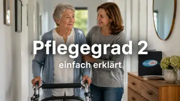 Eine ältere Frau mit einem Gehwagen wird von einer jüngeren Frau gestützt. Der Text "Pflegegrad 2 einfach erklärt" ist prominent platziert.