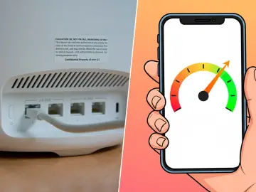 Velocidad de internet en un smartphone, con un medidor de rendimiento alto, junto a un router con puertos 2.5 GbE y 10 GbE, anticipando el futuro IEEE 802.11be.