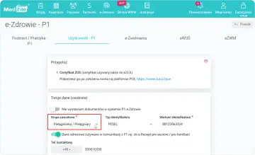 Recepta pielęgniarska pro familiae. Wpisz dane, wybierz grupę zawodową "Pielęgniarka / Pielęgniarz" i identyfikator.