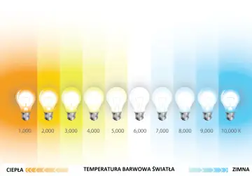 Żarówki od pomarańczowej do niebieskiej pokazują przejście od barw ciepłych do zimnych. Skala temperatur barwowych światła.