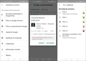 Ekran telefonu z ustawieniami rodzicielskimi. Widoczna jest prośba o zatwierdzenie pobrania gry, a także opcje ustawień PEGI. To może pomóc w zrozumieniu, jak odinstalować Family Link.