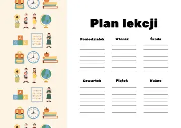 Plan lekcji z elementami szkolnymi: plecaki, książki, dzieci, globus. Jakie przedmioty odchodzą w 7 klasie? Zapisz tutaj!