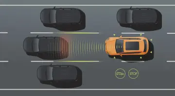 Pomarańczowy samochód wykrywa zbliżający się pojazd dzięki systemowi front assist. Ikony sugerują ostrzeżenie i zatrzymanie.