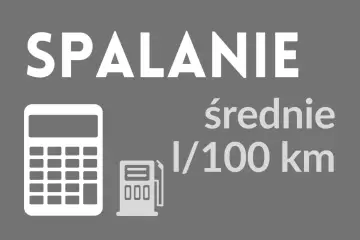Biały kalkulator i dystrybutor paliwa na szarym tle, z napisem "SPALANIE średnie l/100 km".