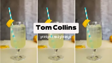 Czy woda gazowana z syfonu zmienia smak drinka Tom Collins? Trzy identyczne drinki z cytryną i słomką, z napisem "Tom Collins".