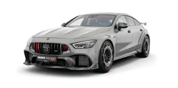 Szary Mercedes Brabus Rocket 900 z agresywnym body kitem i czerwonymi akcentami.