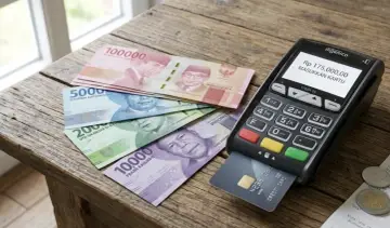 Rupie indonezyjskie, czyli waluta na Bali, leżą obok terminala płatniczego, na którym wyświetla się kwota 175 000.