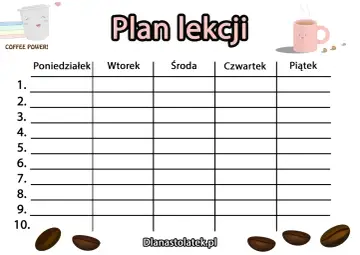 Uroczy kubek kawy i ziarna kawy towarzyszą pustej tabeli do układania planu lekcji. Idealny do organizacji tygodnia z "COFFEE POWER!".