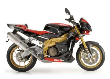Sportowy motocykl Aprilia 1000 w kolorze czarno-czerwonym ze złotym silnikiem i felgami.