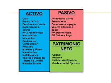 Diagrama de contabilidad: Activo (caja, banco, deudores), Pasivo (acreedores, proveedores, documentos a pagar) y Patrimonio Neto (capital, reserva). Ejemplos de elementos patrimoniales.