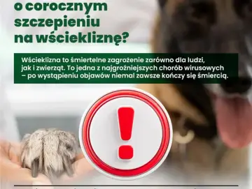 Ostrzeżenie przed wścieklizną. Zdjęcie przedstawia łapę zwierzęcia i symbol wykrzyknika, podkreślając śmiertelne zagrożenie.