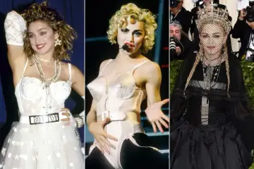 Ikony stylu lat 80. zagraniczne: Madonna w białej sukni, w stroju scenicznym i w czarnej kreacji z welonem.