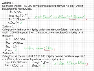 Obliczenia zadań z wykorzystaniem skali mapy: 1:50 000, 1:200 000, 1:150 000.
