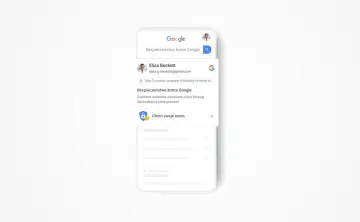 Poczta Gmail logowanie na telefonie: ekran z informacjami o bezpieczeństwie konta Google, widok profilu Elisy Beckett.