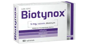 Opakowanie leku Biotynox 5 mg, tabletki. Wskazania: włosy, paznokcie, skóra. Szukasz bioxetin zamienniki?
