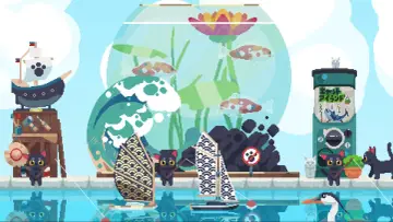 Pixelartowa scena z kotami na wyspie. Statek, akwarium z rybkami, łódki i automat z napisem "Cat Island".