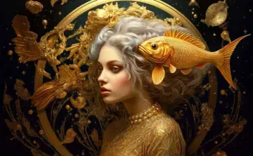 Złota ryba nad głową kobiety, symbolizująca 14 marzec znak zodiaku Ryby. Bogate zdobienia i mroczne tło.