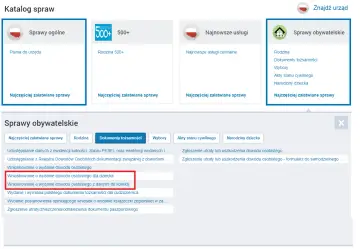 Wnioskowanie o wydanie dowodu osobistego dla dziecka online. Sekcja "Sprawy obywatelskie" zawiera opcję wnioskowania o dokument dla dziecka.