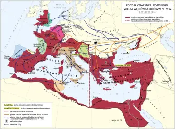 Mapa przedstawia podział cesarstwa rzymskiego i wielką wędrówkę ludów w IV-V w., ukazując granice i kierunki migracji.