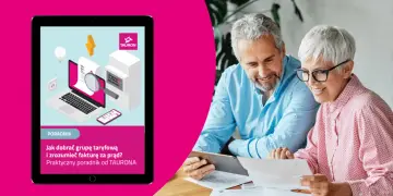 Grafika na tablecie: laptop, licznik, żarówka, piorun. Para analizuje dokumenty.