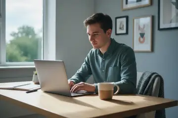 Mężczyzna pracuje na laptopie, przygotowując się do studiów magisterskich online. Na biurku notatnik i kubek kawy.