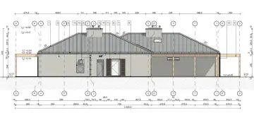 Projekt architektoniczno budowlany: przekrój elewacji budynku z wymiarami i oznaczeniami elementów konstrukcyjnych.