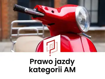 Czerwony skuter i tekst "Prawo jazdy kategorii AM". Dowiedz się, ile kosztuje karta motorowerowa.