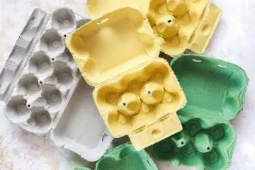 Kolorowe wytłoczki po jajkach leżą obok siebie. Zastanawiasz się, gdzie wyrzucić opakowanie po jajkach? Do pojemnika na papier.