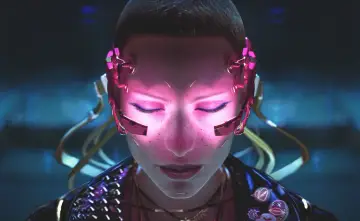 Kobieta z różowymi implantami na skroniach, zanurzona w doświadczeniu cyberpunk braindance.