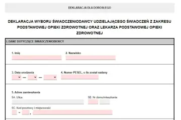 Formularz deklaracji wyboru lekarza rodzinnego. Wypełnij dane osobowe, adresowe i PESEL, aby zmienić lekarza rodzinnego.