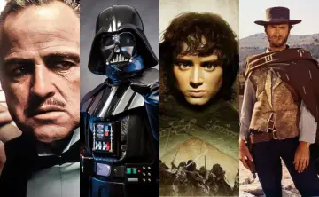Kadr z kultowej trylogii: Don Corleone, Darth Vader, Frodo Baggins i Człowiek bez imienia.
