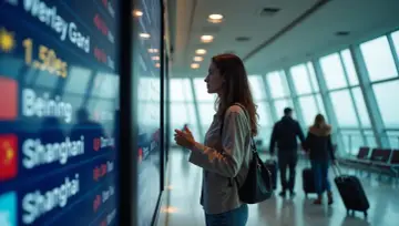 Kobieta sprawdza tablicę odlotów, szukając informacji, ile leci samolot z Chin do Polski.