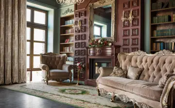 Elegancki salon w stylu wiktoriańskim: aksamitna kanapa, fotele, kominek, lustro i regały z książkami.