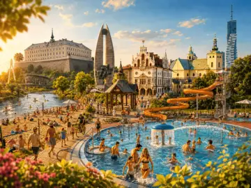 Rzeszów atrakcje dla dorosłych: baseny, zjeżdżalnie i plaża miejska. W tle zamek i nowoczesny wieżowiec.