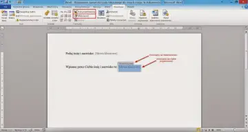 Microsoft Word: przycisk "Tryb projektowania" podświetlony, strzałki wskazują na pola tekstowe.