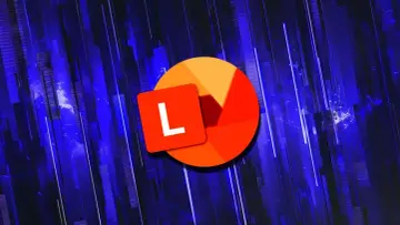 Logo Microsoft Lens z literą L na tle niebieskich, pionowych linii.