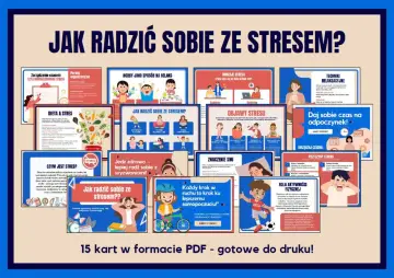 Grafika przedstawia materiały edukacyjne o tym, jak radzić sobie ze stresem, z poradami dotyczącymi diety, snu, hobby i organizacji.