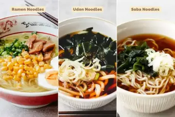 Trzy miski z japońskim makaronem: ramen z jajkiem i kukurydzą, udon z wodorostami wakame i cebulką, soba z wodorostami i szczypiorkiem.