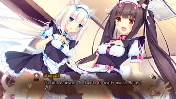 Dwie urocze dziewczyny z kocimi uszami, Vanilla i Chocola, w strojach pokojówek z gry Nekopara.