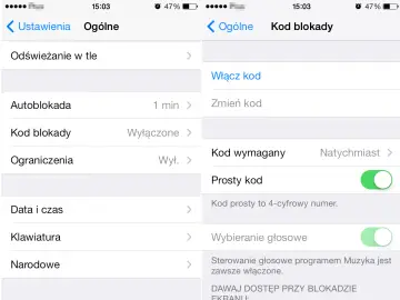Ustawienia telefonu, sekcja "Ogólne". Widoczny jest "Kod blokady" ustawiony na "Wyłączone". To pierwszy krok, by dowiedzieć się, jak wyłączyć blokadę ekranu.