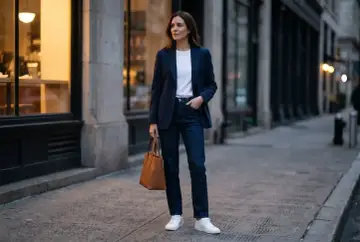 Kobieta w granatowej marynarce i jeansach, z brązową torbą, prezentuje styl semi formal na ulicy.