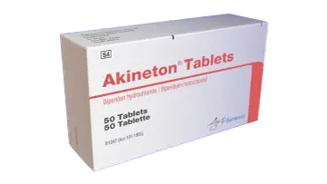 Opakowanie leku Akineton, zawierające 50 tabletek biperydyny.