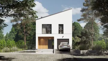 Nowoczesny dom z płyt betonowych, otoczony zielenią. Przed domem podjazd z samochodem i nowoczesne ogrodzenie.