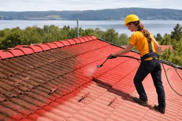 En person med gul hjälm sprutar vatten på ett rött tegeltak för att rengöra det. Taket ser ut att vara i behov av att måla furutak.