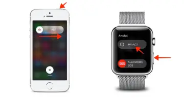 Instrukcja jak rozłączyć Apple Watch z telefonem: przytrzymaj przycisk boczny, a następnie przesuń suwak "Wyłącz".